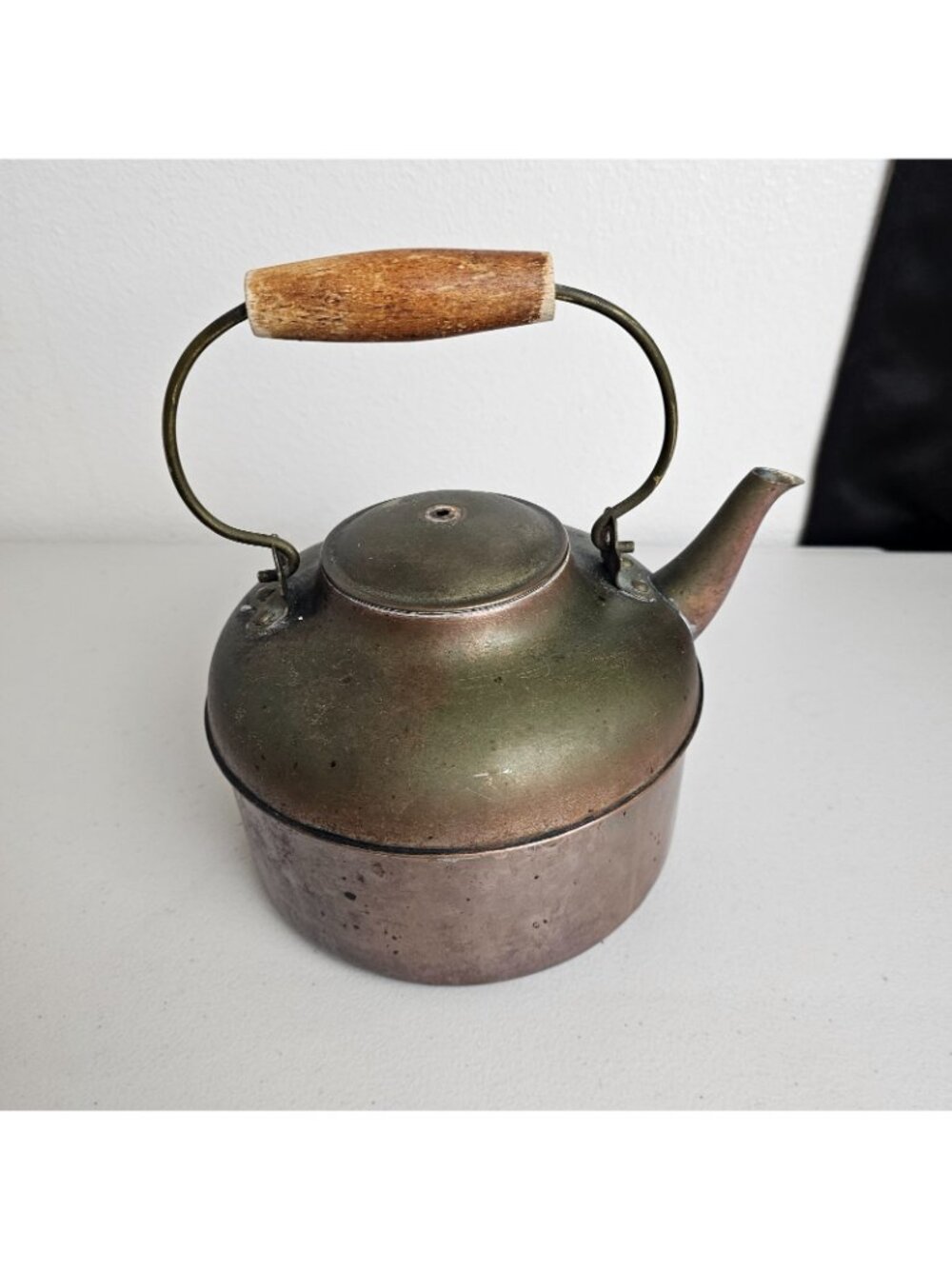 Vintage Copper Teapot Kettle Wood Handle Primitive Rustic Farmhouse Decor Only - Picture 3 of 8